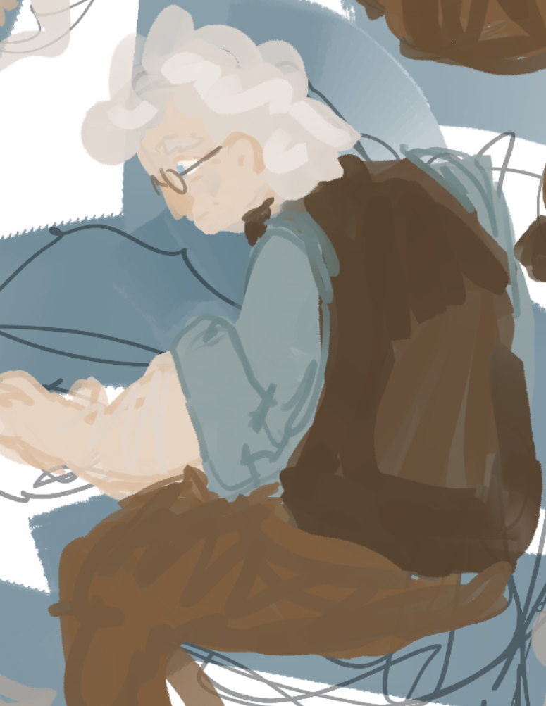 drawing of Aziraphale at their desk reading a good book.